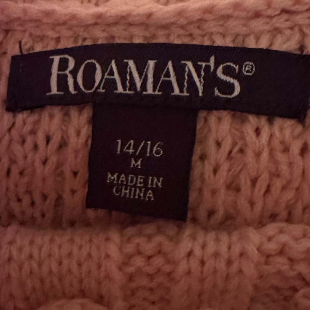 Roman’s Pink Cable Knit Cowl Neck Tunic Sweater Crochet Hem 14/16 - Picture 6 of 8
